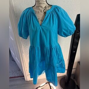 Japna Blue 100% Cotton Tiered Puff Sleeve Dress - S